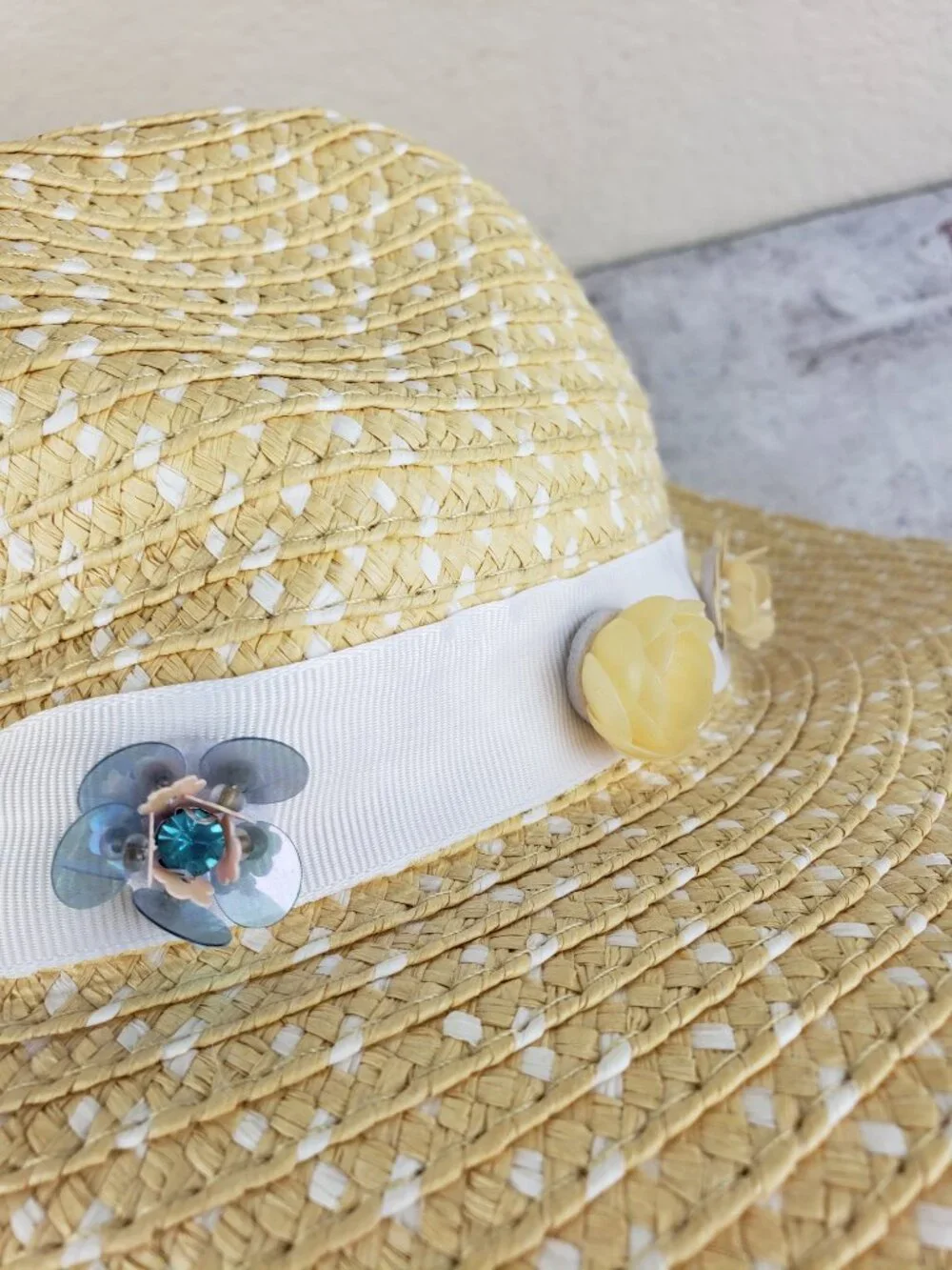 Betsey Johnson Straw Hat Flower Beaded Fedora O/S